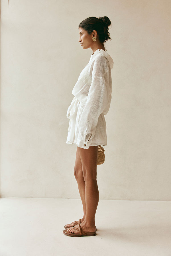 White Long Sleeve Button Collar Orazio Dress