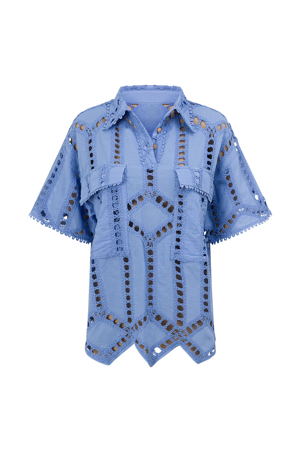 Blue Cotton Cutwork Button Up Alyce Shirt