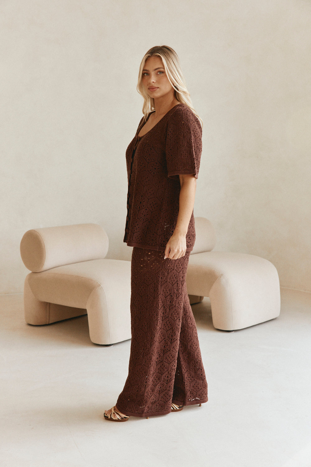 Brown Crochet Knit Button Up Umiko Top