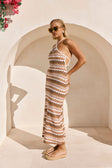 Brown and Tan Zig Zag Stripe Halter Maxi Bexley Dress