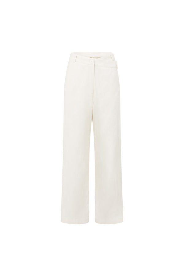 White Cotton Asymmetric Waist Wide Leg Tilda Trouser Pants