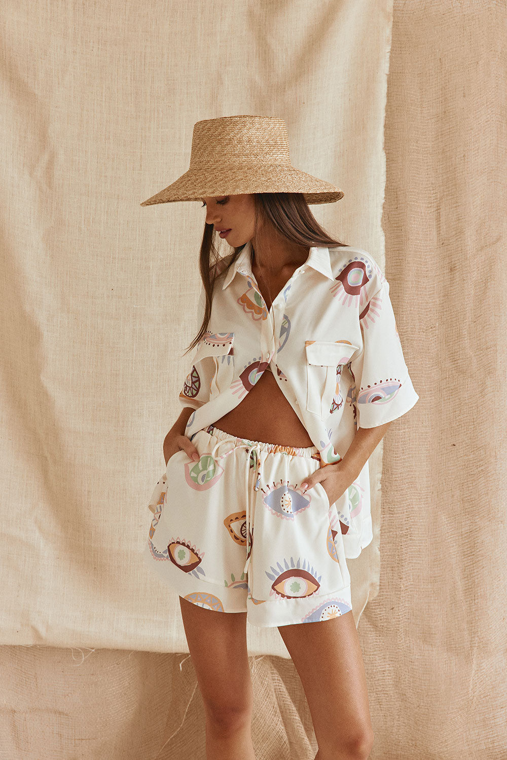 Cream Matia Print Elastic Drawstring Marika Shorts