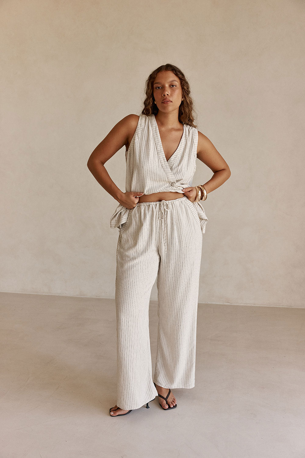 Cream and Black Pinstripe Drawstring Capri Pants