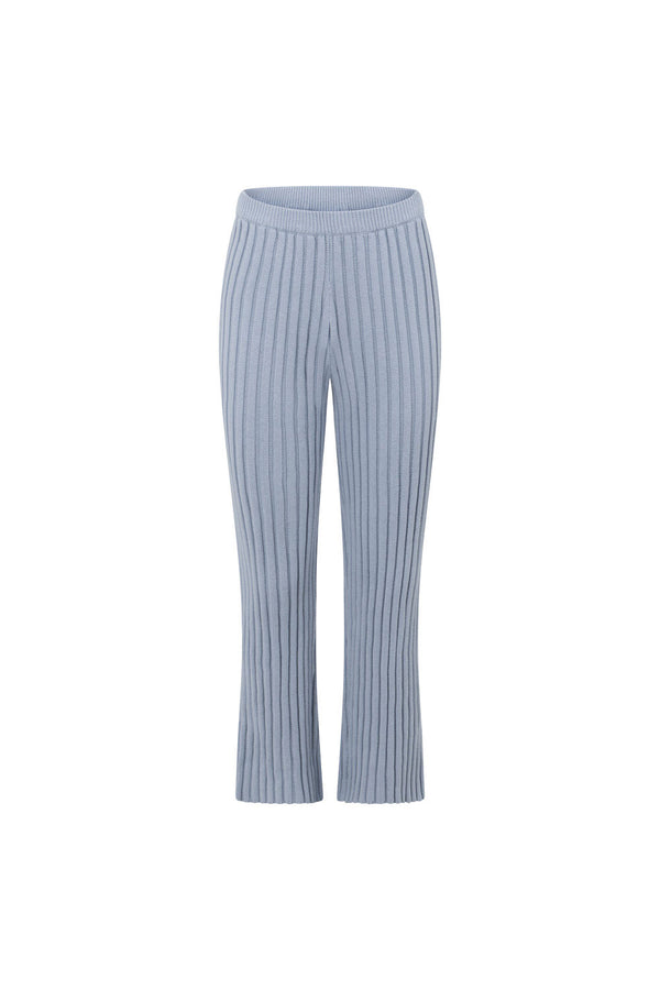 Blue Ribbed Knit High Waist Elastic Celine Pants