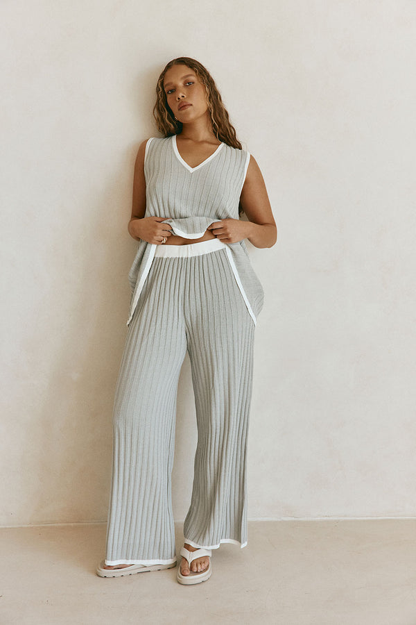 Grey Woven Ribbed V Neck Silla Top