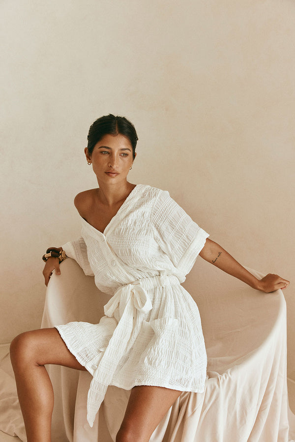 White Short Sleeve Button Mini Tarah Dress