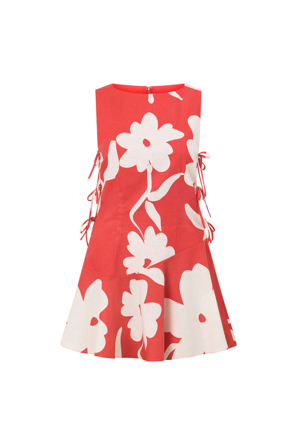 Red Sweet Caroline White Floral Side Tie Mini Mariana Dress