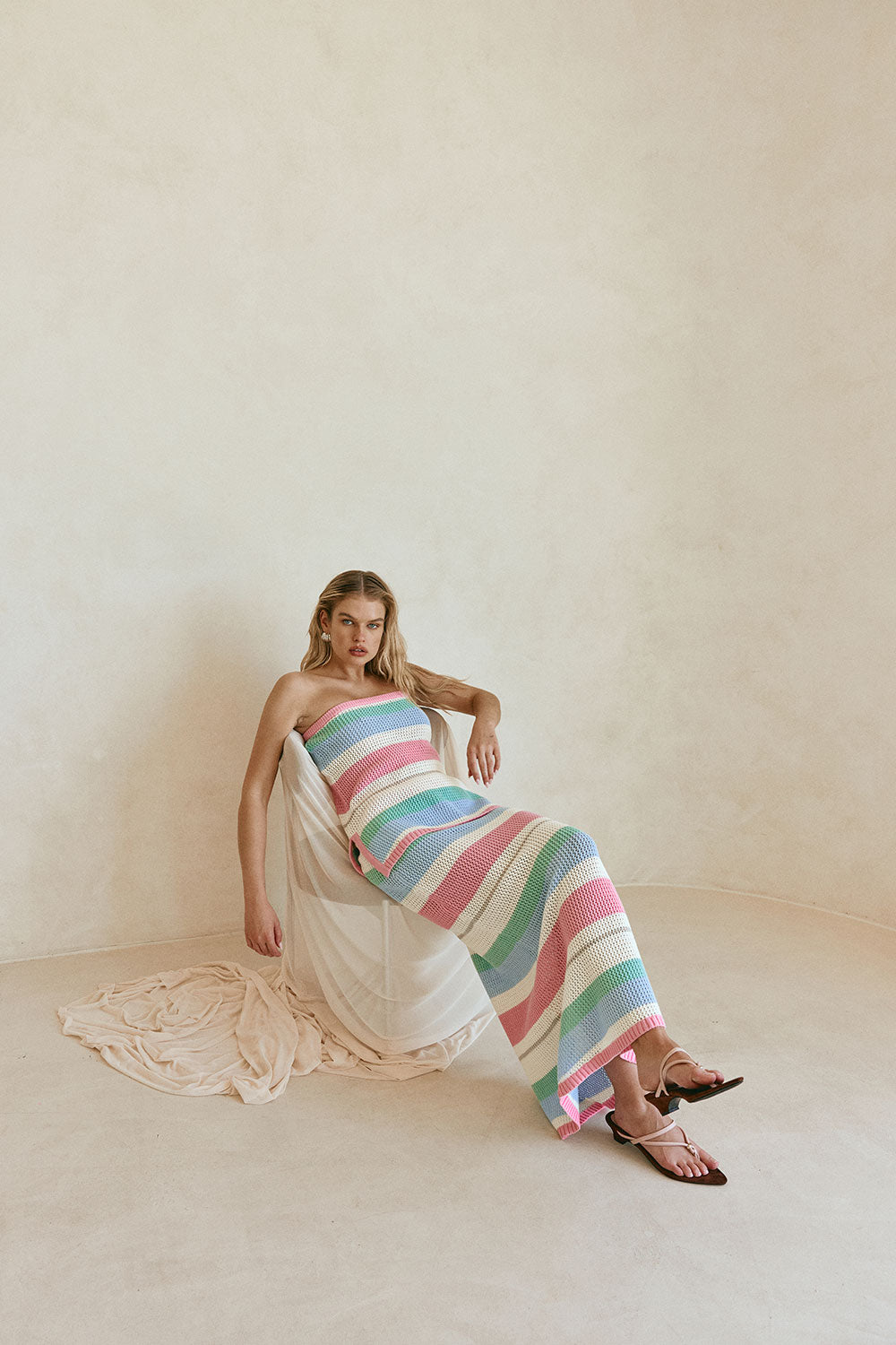 Pastel Stripe Crochet Knit Strapless Damaris Top