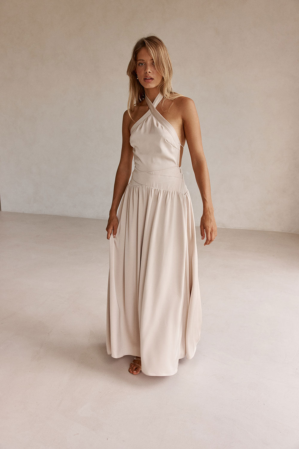 Beige Silky Halter Maxi Rani Dress
