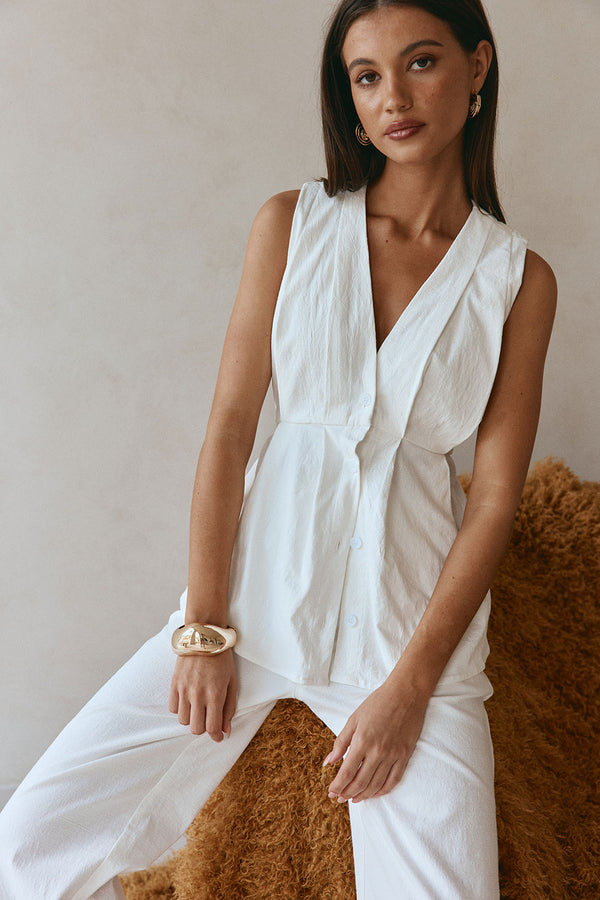 White Structured V Neck Pleated Vespera Top