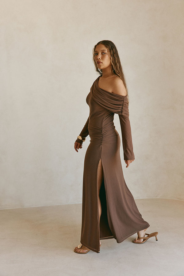 Chocolate Brown One Shoulder Long Sleeve Maxi Tasmin Dress