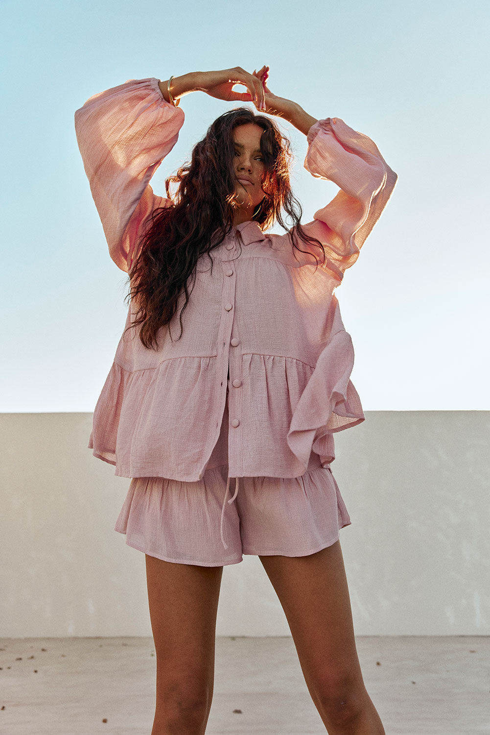 Blush Pink Long Sleeve Button Up Panel Huxley Top