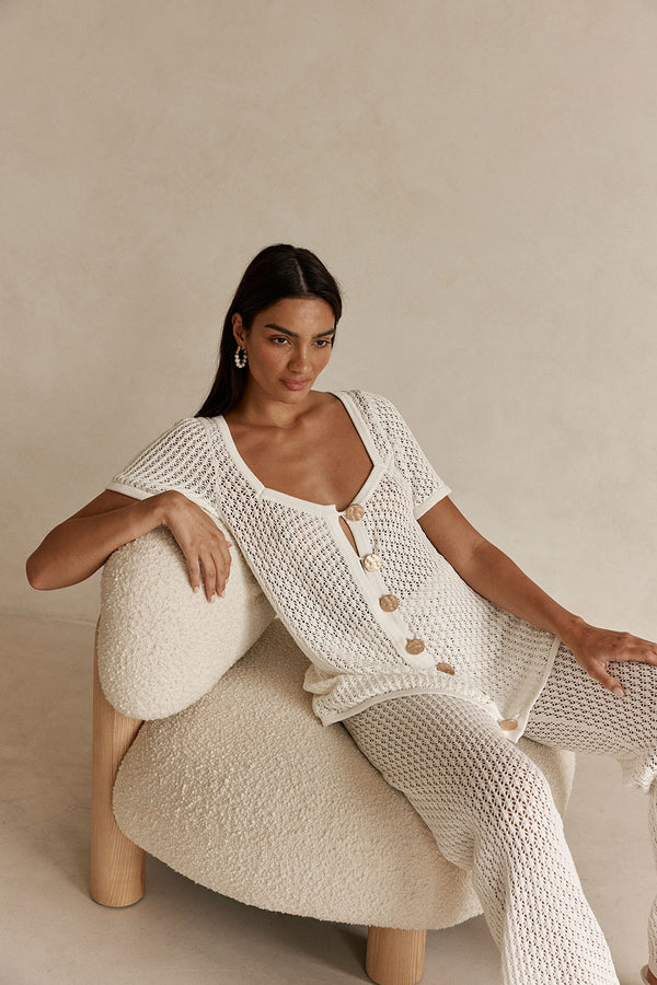 White Crochet Knit Button Up Milana Top