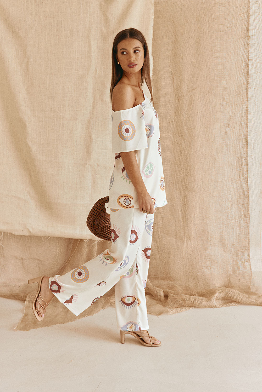 Cream Matia Print Off Shoulder Grace Top