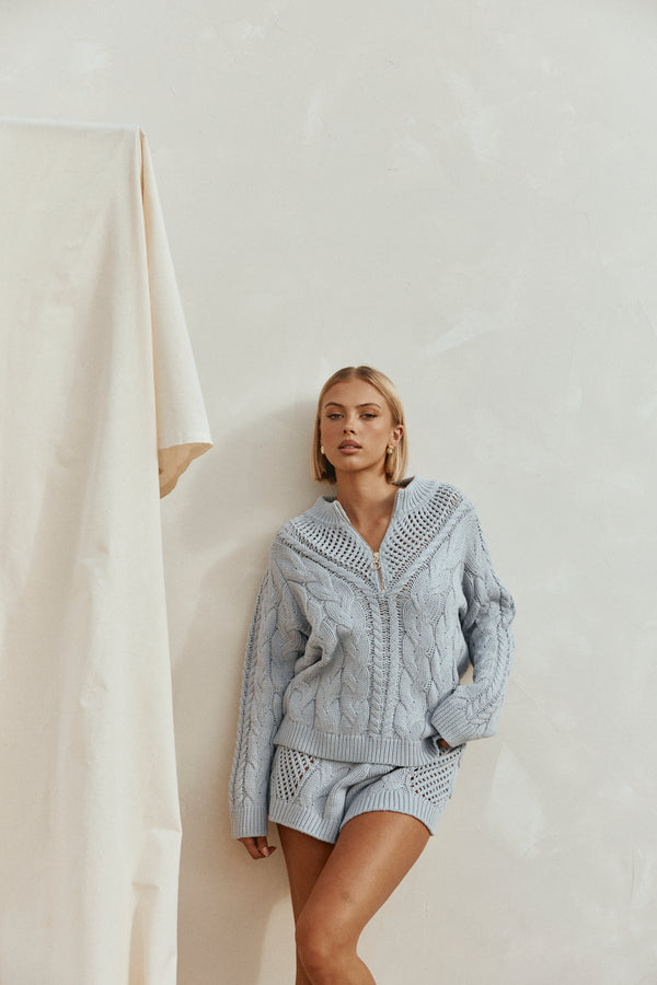 Baby Blue Knit Zip Diara Sweater