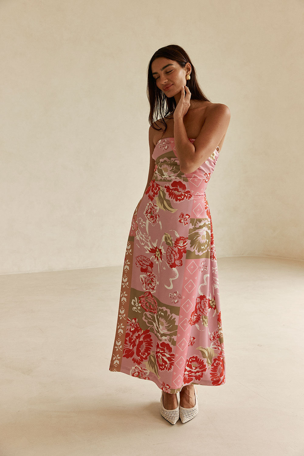 Pink Botanic Patch Floral Strapless Maxi Liberty Dress