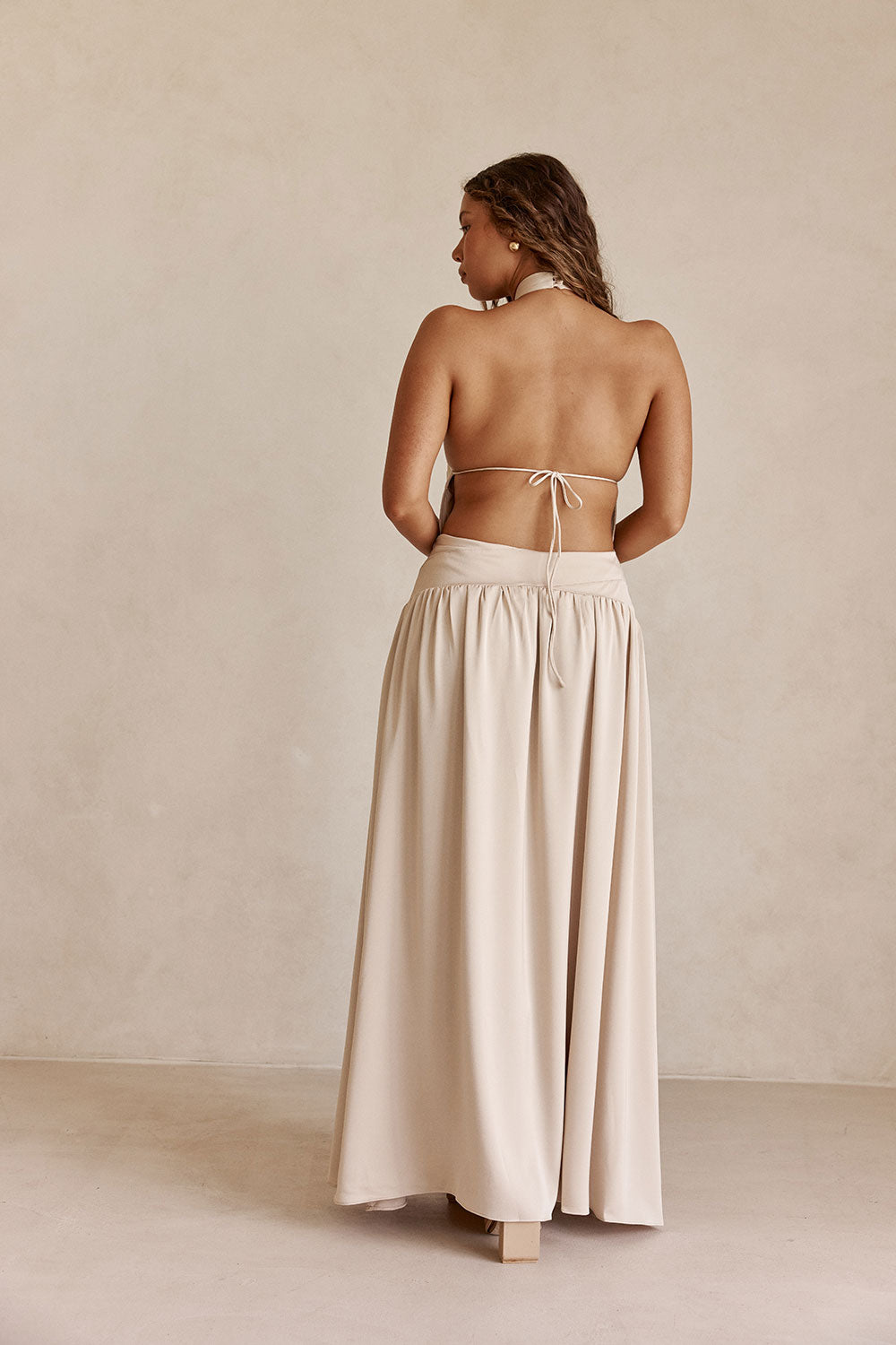 Beige Silky Halter Maxi Rani Dress