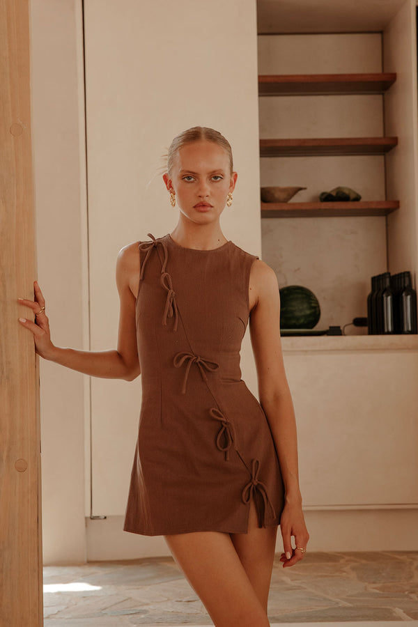 Chocolate Brown Denim A-Line Bow Mini Kapri Dress