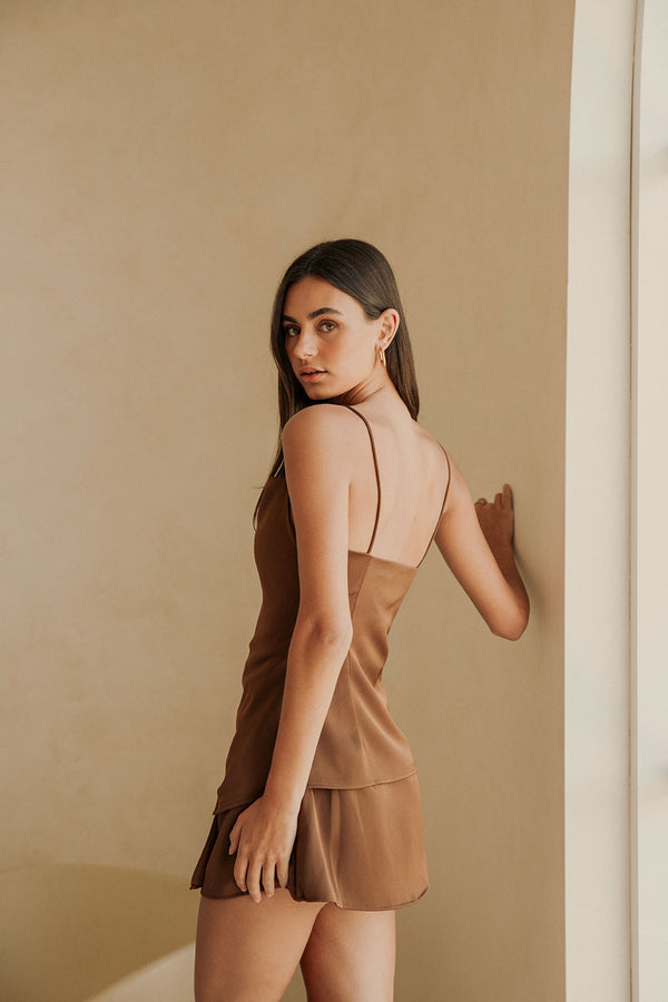 Chocolate Brown Strappy Asymmetric Mini Del Ray Dress