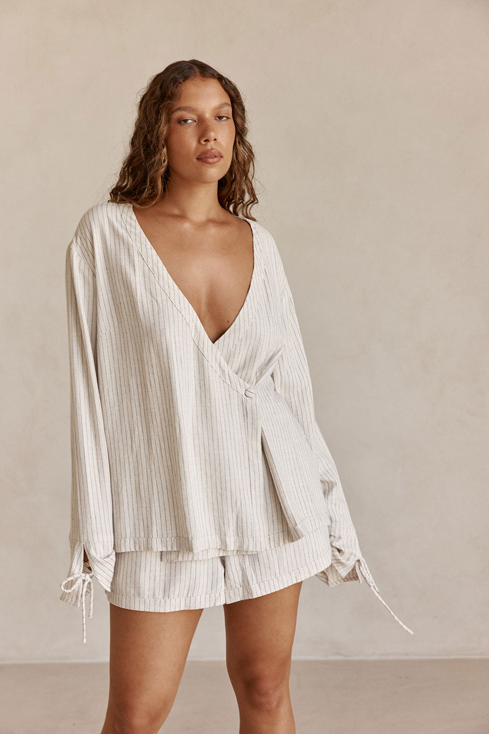 Beige and Black Pinstripe Lyla Wrap Top