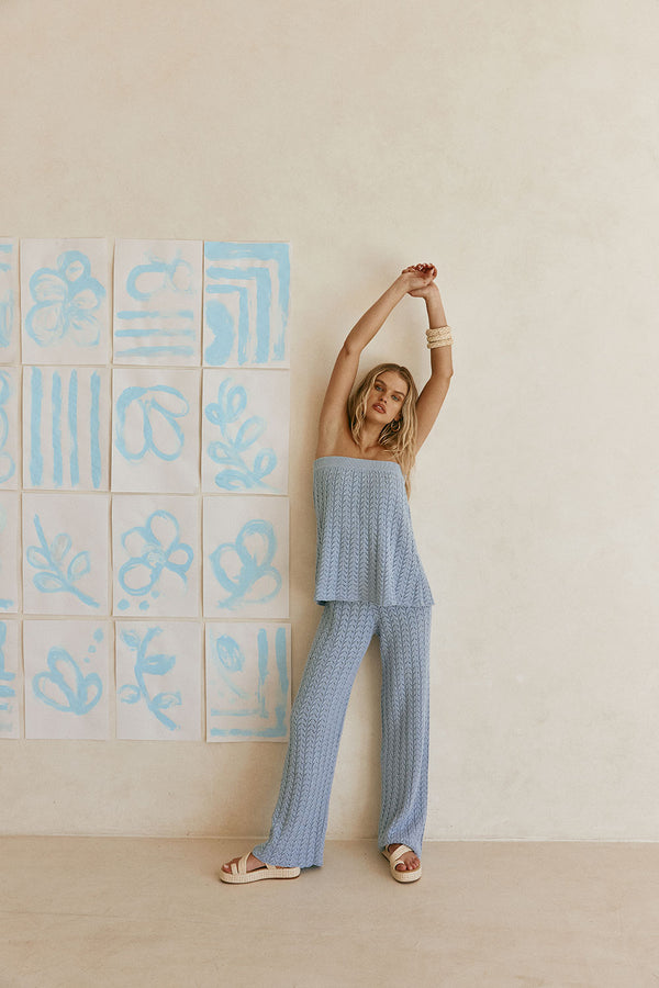 Blue Pointelle Knit High Waist Athena Pants