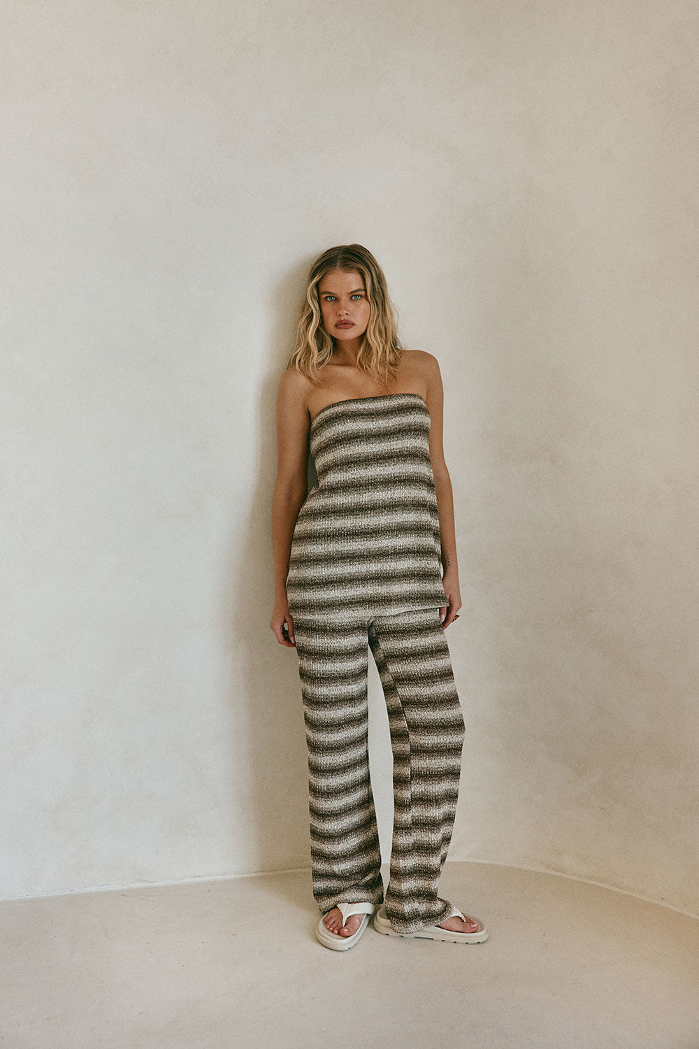 Brown and White Stripe Strapless Cosmo Top