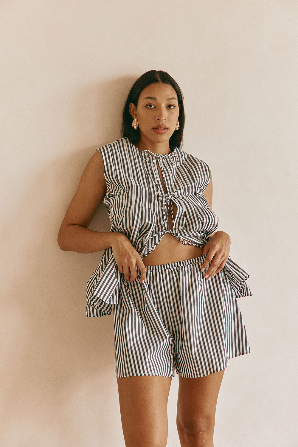 Black and White Stripe Elastic Dalia Shorts