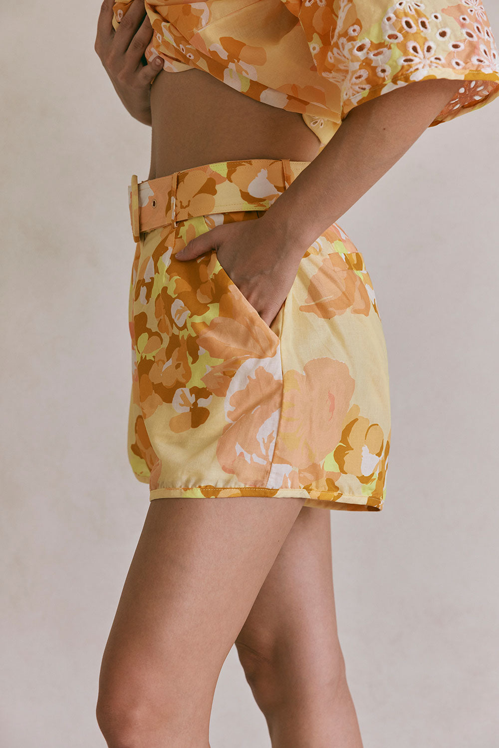 Yellow Floral High Waist Belted Sicily Shorts