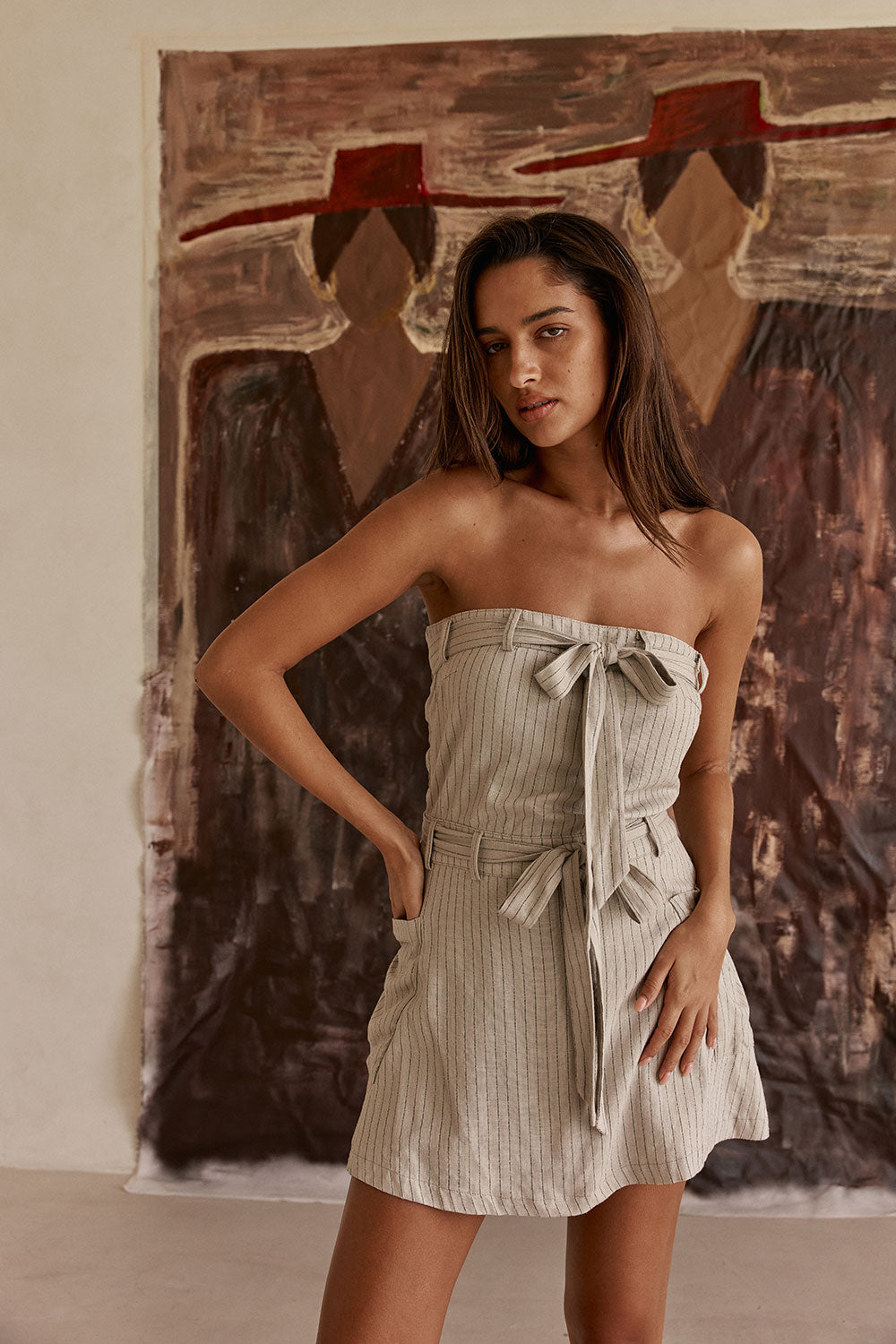 Grey and Black Pinstripe Strapless Bow Mini Tulia Dress