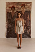 Grey and Black Pinstripe Strapless Bow Mini Tulia Dress