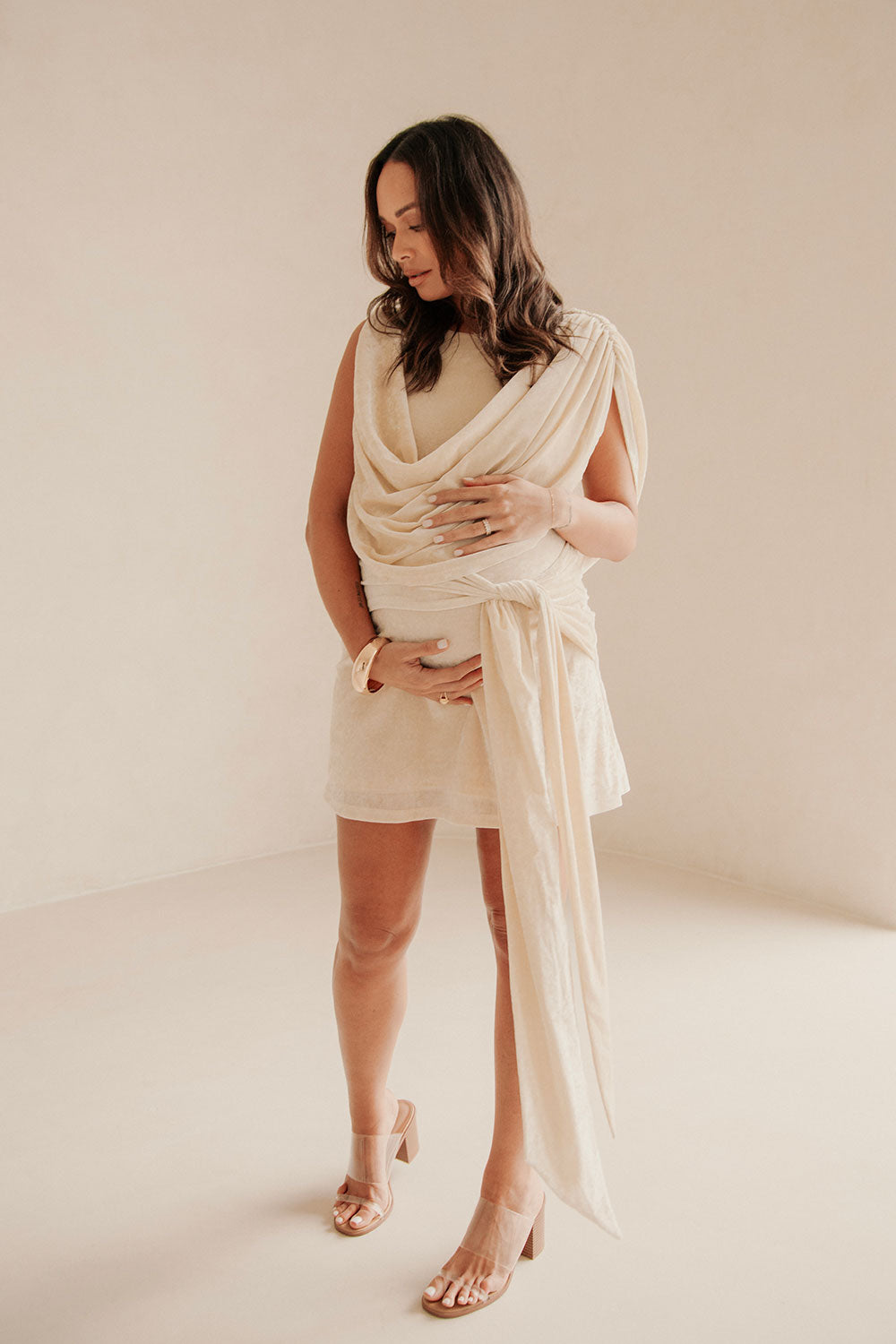 Beige Suede Plunge V Neck Tie Mini June Dress