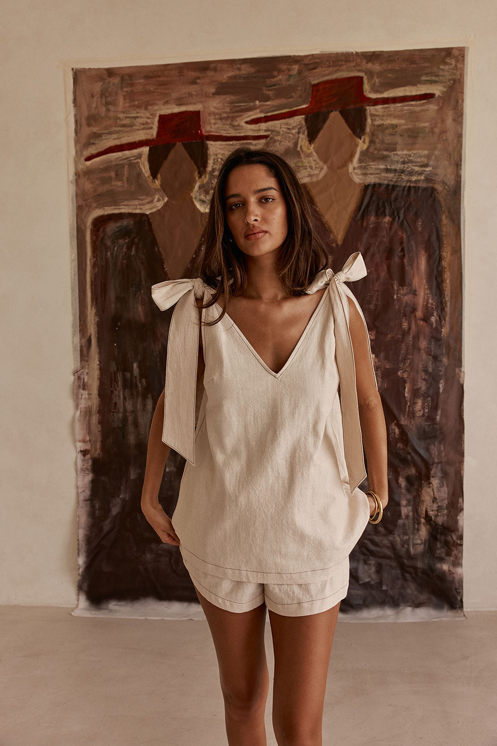 Cream V Neck Bow Elixir Dress