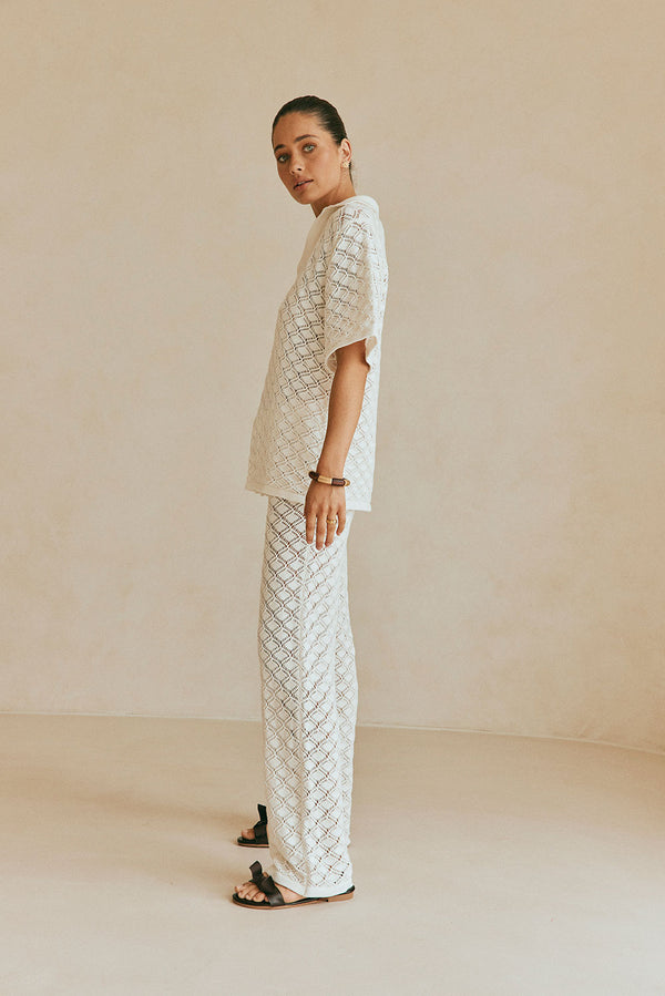 White Knit High Waist Drawstring Aya Pants