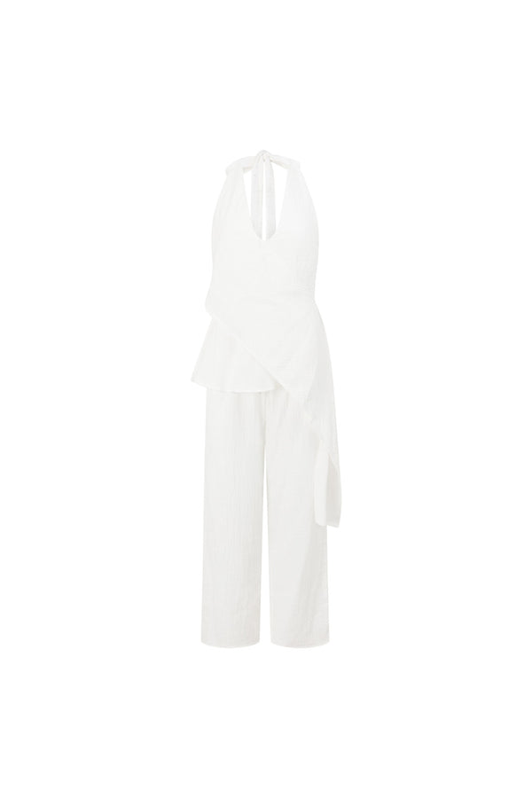 White Cotton V Neck Halter Arlet Jumpsuit