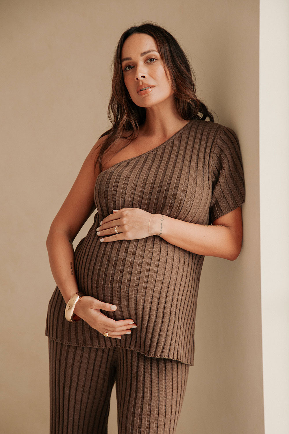 Brown Knit One Shoulder Short Sleeve Neena Top