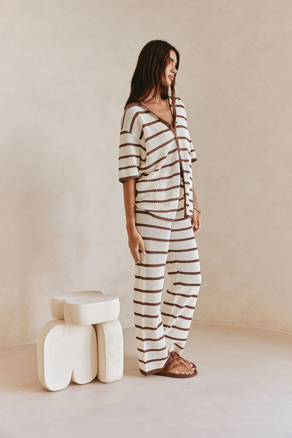 Mia Elasticated Pants - Cream, Brown stripe