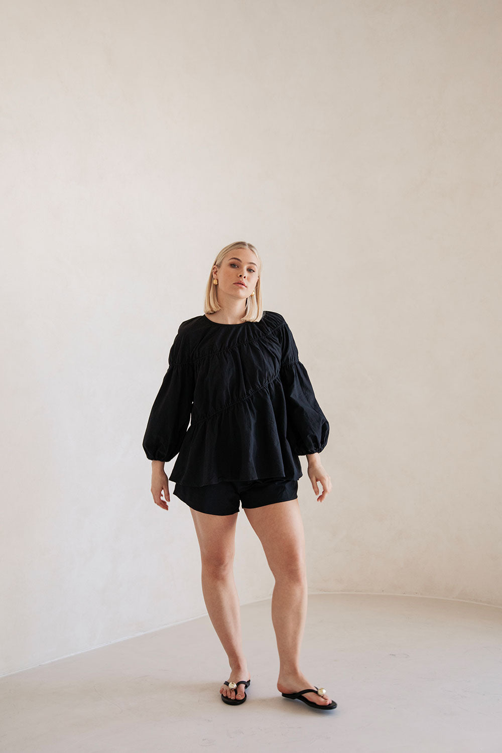 Black Long Sleeve Panelled Flounce Akel Top