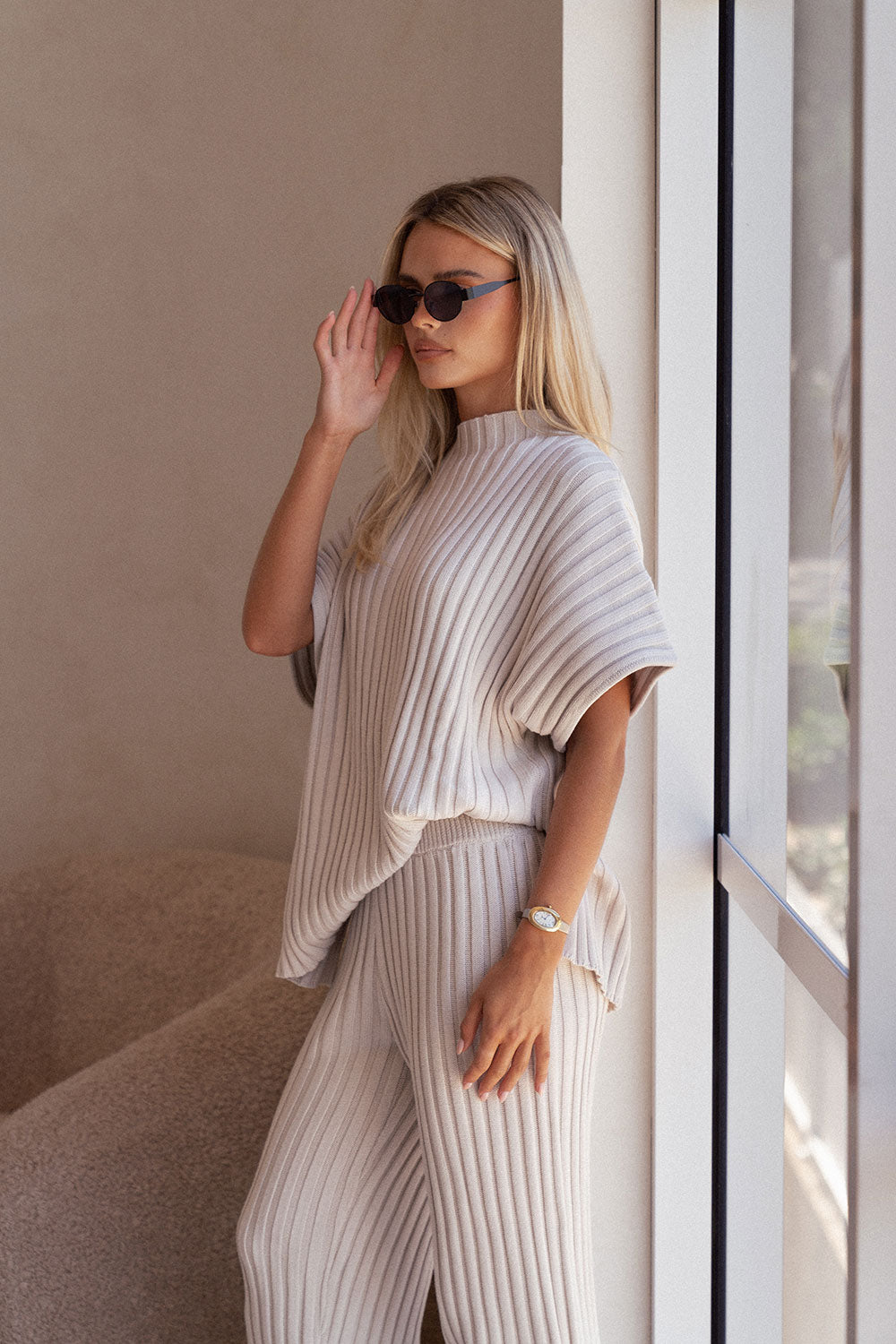 Beige Sand Ribbed Knit Celine Top
