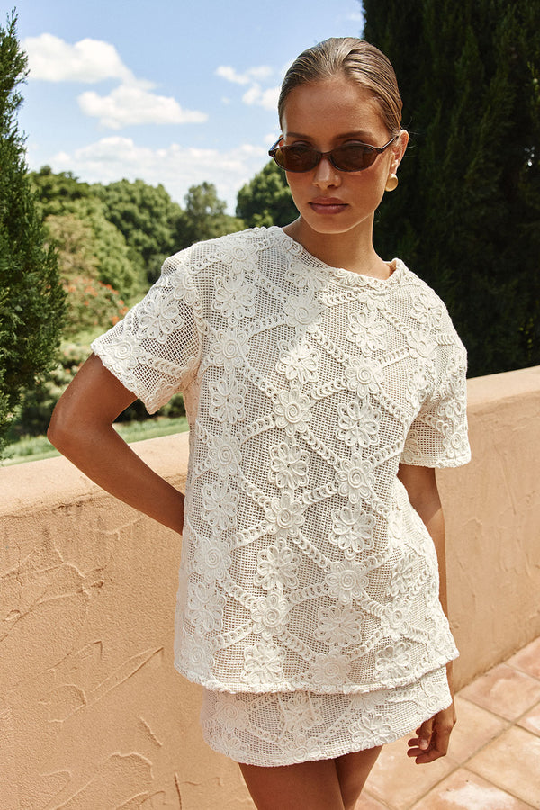 Beige Crochet Lace Rosiah T Shirt Top