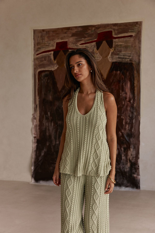 Green Cotton Knit Halter Azari Top