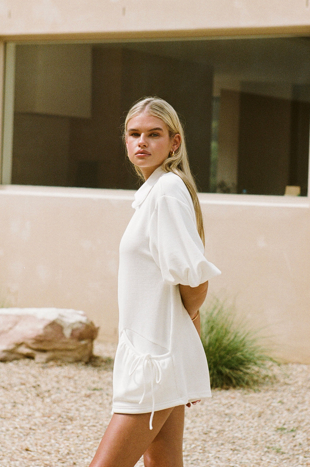 White Collar V Neck Puff Sleeve Airlie Playsuit