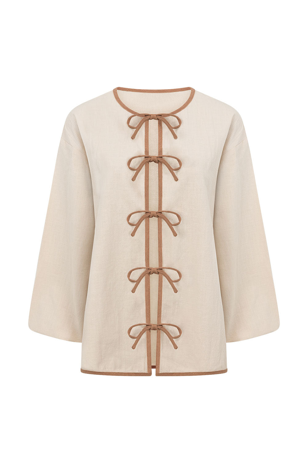 Beige Puff Sleeve Front Tie Paloma Top