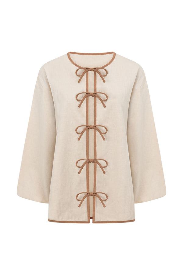 Beige Puff Sleeve Front Tie Paloma Top