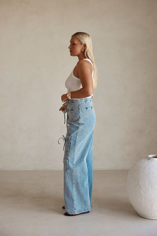 Blue Denim Tie Pocket Cargo Jaicee Pants