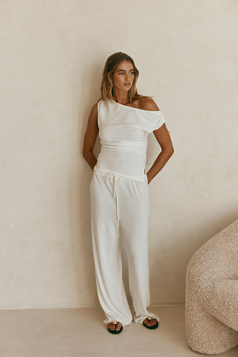 White Ribbed Boat Neck Ruched Detail Deni Top