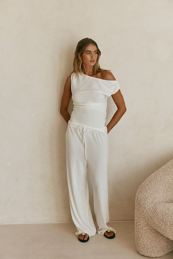 White Ribbed Boat Neck Ruched Detail Deni Top