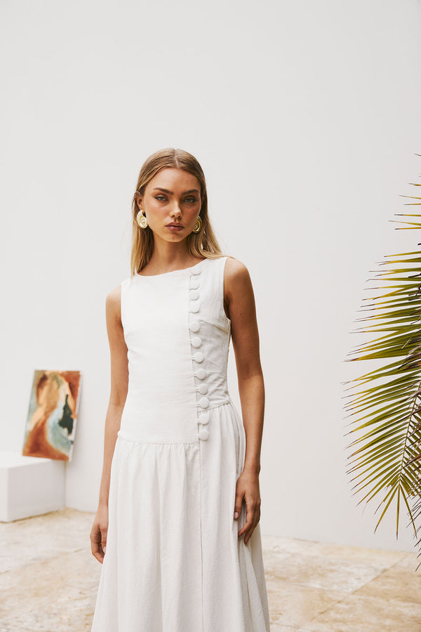 White Button Split Maxi Odessa Dress