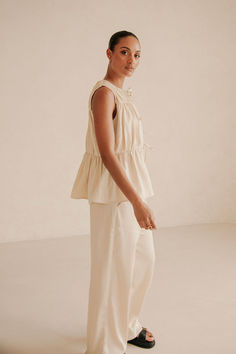 Beige Ruched Panelled Front Tie Juliette Top