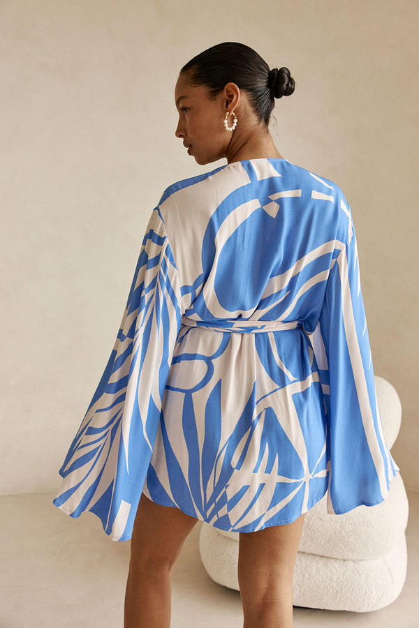 Palm Blue Print Long Sleeve Flared Wrap Mini Aleksi Dress