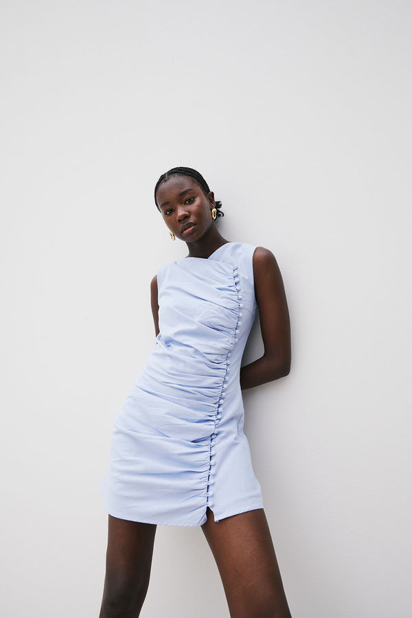 Blue Ruched Button Mini Alchemy Dress